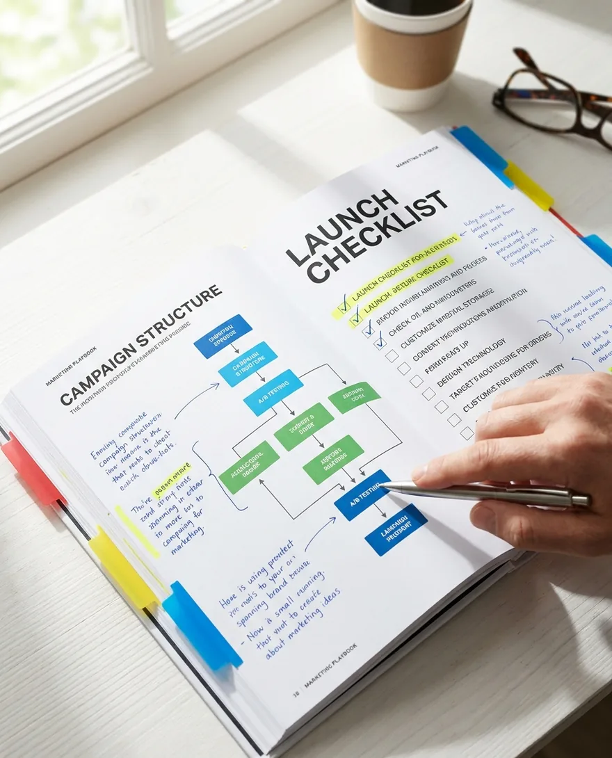 Open spread of the playbook showing a campaign structure diagram and an annotated launch checklist
