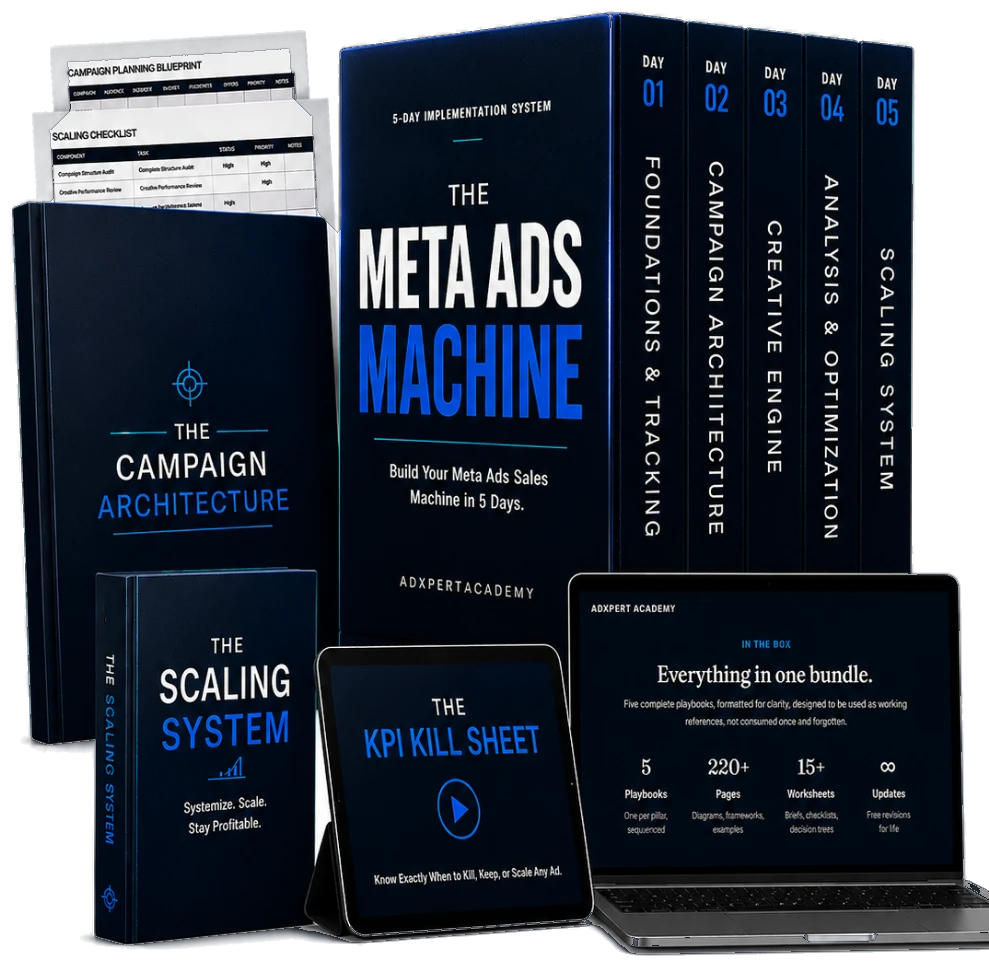 The Meta Ads Machine complete bundle: five playbooks, worksheets, the KPI Kill Sheet, and lifetime updates