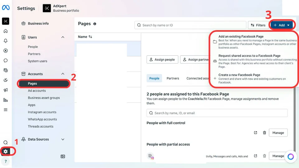 Page from Day 1 with numbered steps showing where to click in Meta business settings