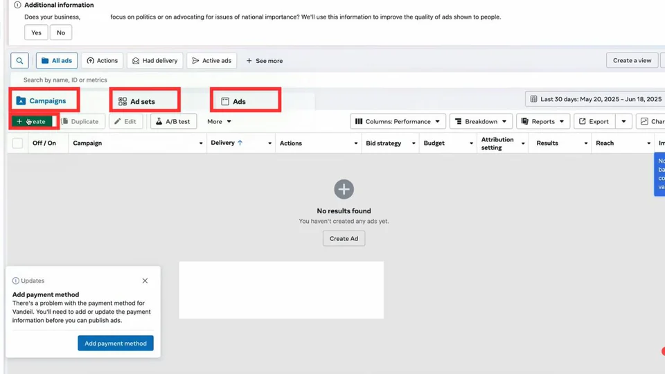 Ads Manager screenshot from the playbook with the Campaigns, Ad sets and Ads tabs and the Create button boxed in red