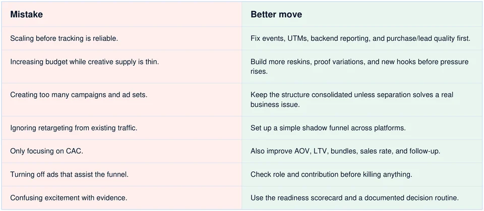 Day 5 table: common scaling mistakes and the better move for each one