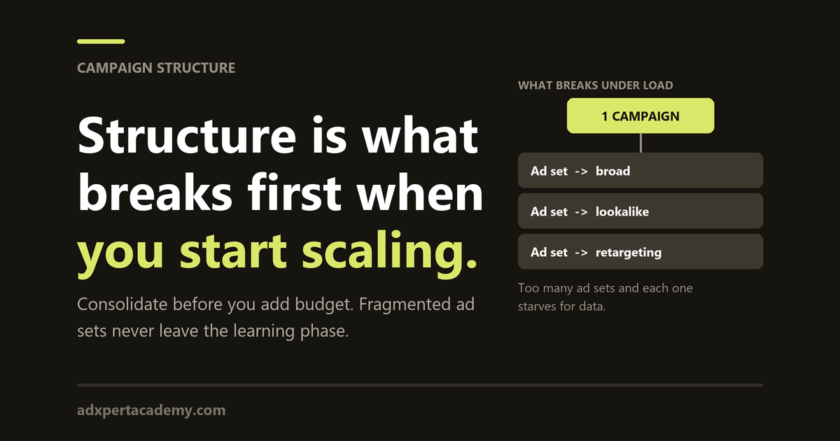One campaign feeding broad, lookalike and retargeting ad sets, the structure that breaks first when you scale