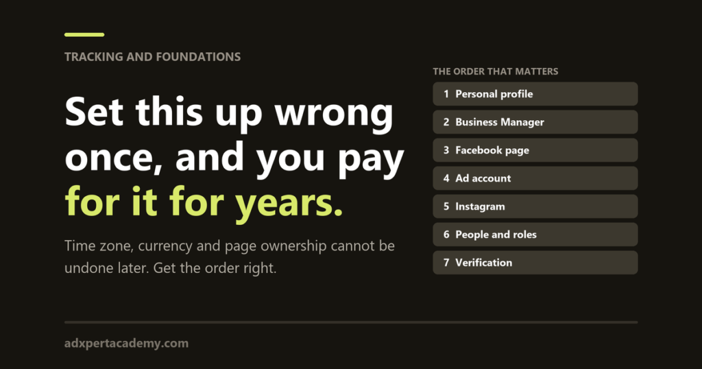 The seven step order for setting up Meta Business Manager, from personal profile to business verification